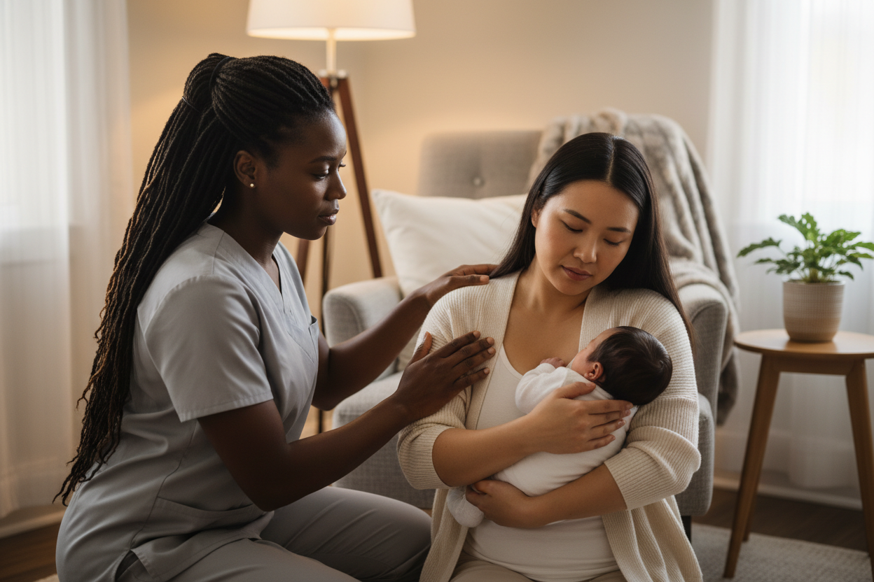 Postpartum Doula with Asian Mother
